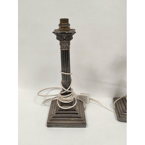 101 - Pair of e.p. table lamps with Corinthian columns on stepped beaded bases, 33.5cm including fittings,... 