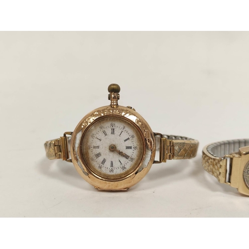 110 - Lady's 9ct gold watch and another, converted '585', r.g. bracelets.