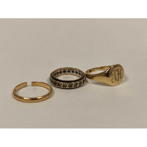 112 - 9ct gold signet ring, another cut and an eternity ring. 9g gross.