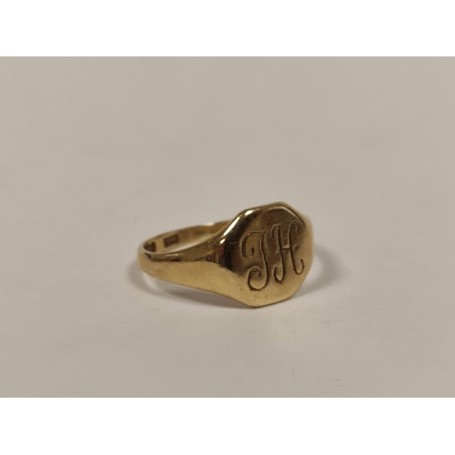 112 - 9ct gold signet ring, another cut and an eternity ring. 9g gross.