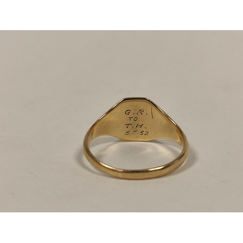 112 - 9ct gold signet ring, another cut and an eternity ring. 9g gross.