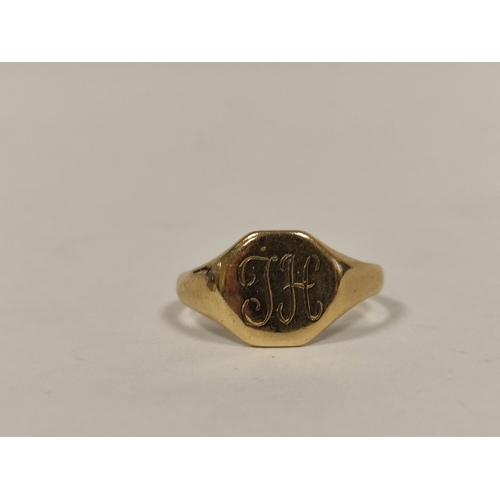 112 - 9ct gold signet ring, another cut and an eternity ring. 9g gross.