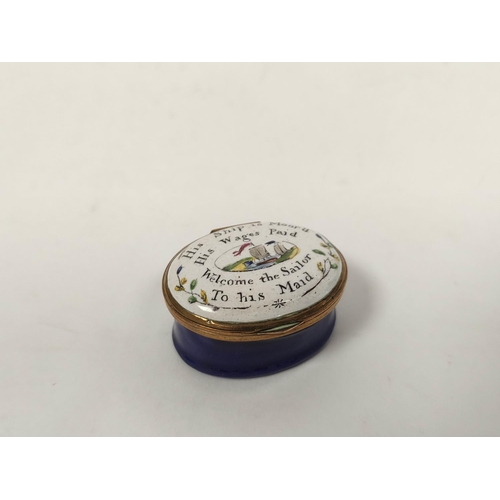 116 - Good Bilston enamel patch box with ditty and view of shipping, unusually in very good condition, C18... 