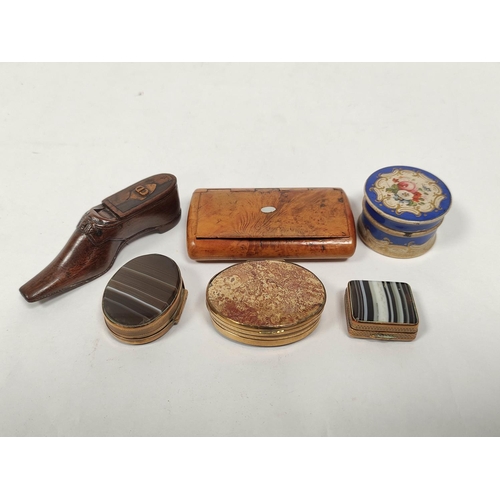 121 - Georgian treen snuff box modelled as a shoe, another, briar, three oval boxes, porphyry and quartz a... 