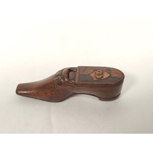 121 - Georgian treen snuff box modelled as a shoe, another, briar, three oval boxes, porphyry and quartz a... 