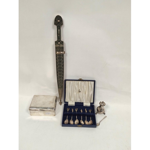 130 - Silver cigarette box, a set of six coffee spoons, cased, a condiment and a ceremonial dagger