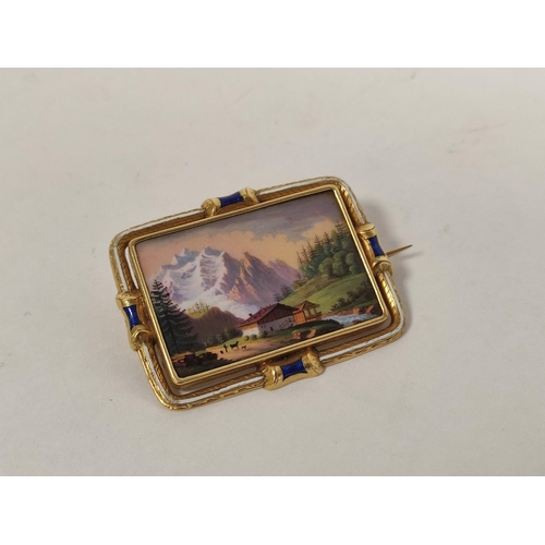 141 - 19th century Swiss enamel brooch depicting a typical Alpine scene with chalet and figures against a ... 