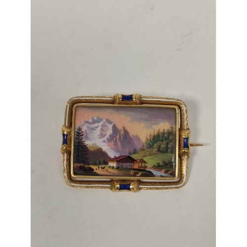 141 - 19th century Swiss enamel brooch depicting a typical Alpine scene with chalet and figures against a ... 