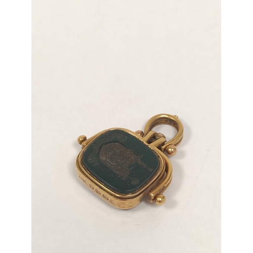 142 - 18ct gold swivel seal with crested sardonyx and bloodstone intaglio, probably 1897.