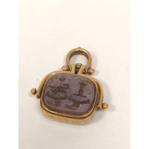 142 - 18ct gold swivel seal with crested sardonyx and bloodstone intaglio, probably 1897.