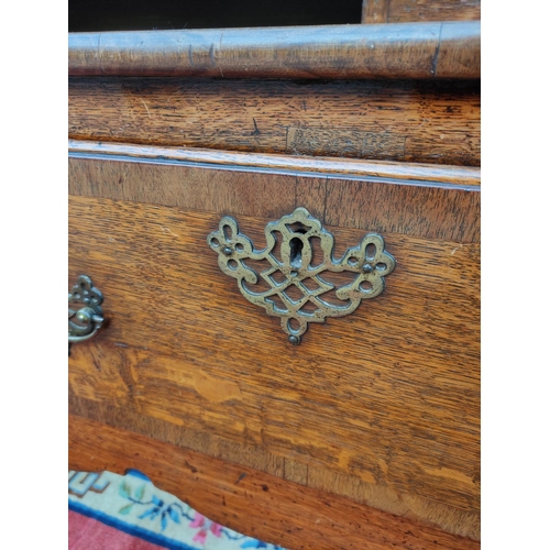 418 - Georgian style oak dresser. upper section with shaped apron above open delft shelving flanked with f... 