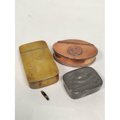 118 - Brass snuff box inscribed 'G Wall' C1800, 84mm, another oval with inset coin, another pewter, and va... 