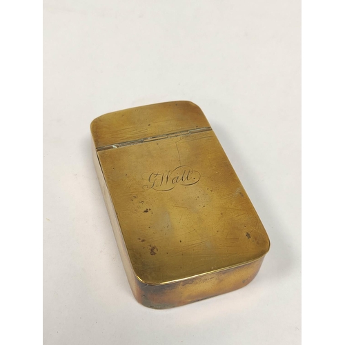 118 - Brass snuff box inscribed 'G Wall' C1800, 84mm, another oval with inset coin, another pewter, and va... 