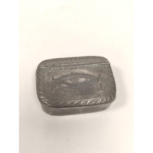 118 - Brass snuff box inscribed 'G Wall' C1800, 84mm, another oval with inset coin, another pewter, and va... 