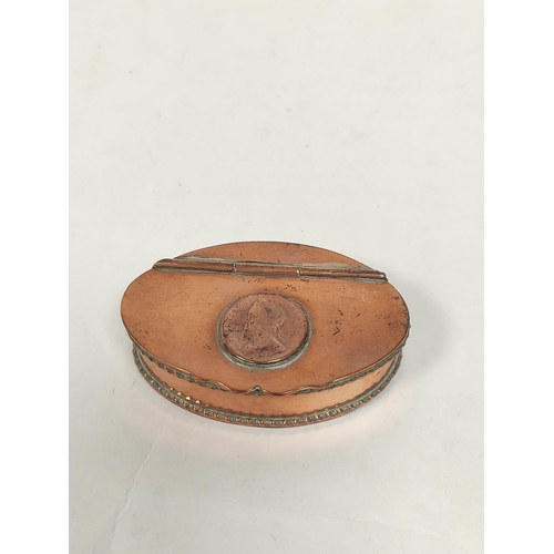 118 - Brass snuff box inscribed 'G Wall' C1800, 84mm, another oval with inset coin, another pewter, and va... 