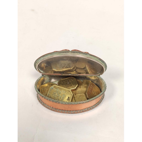 118 - Brass snuff box inscribed 'G Wall' C1800, 84mm, another oval with inset coin, another pewter, and va... 