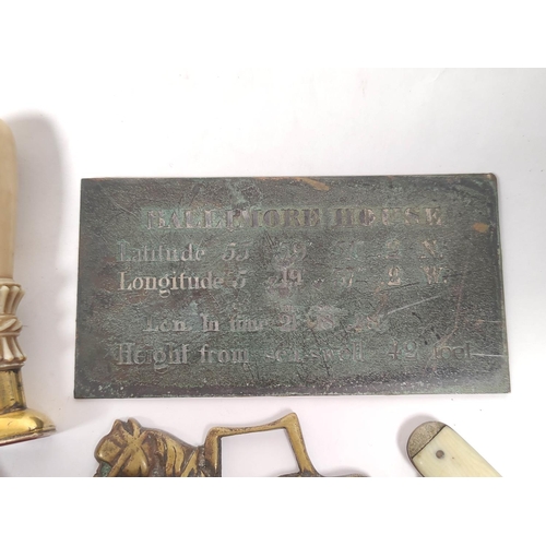 123 - Brass plaque inscribed with geographical details for Ballimore House, two desk seals and various oth... 