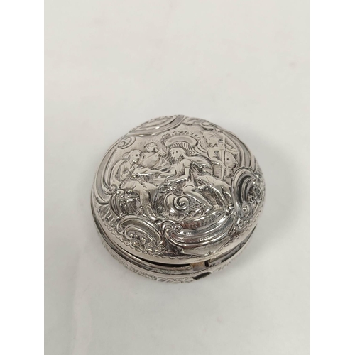 140 - Silver embossed globular box of mid 18th century watch-case form, probably 1826, later inscribed, a ... 