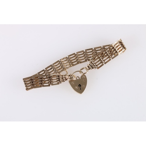 234 - 9ct gold gate link bracelet with padlock closure, 14.5g.