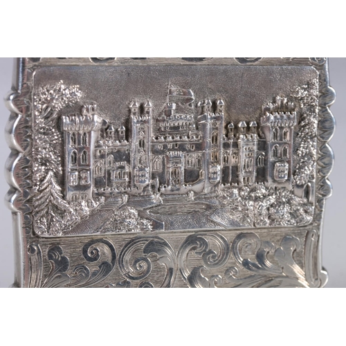 78 - Victorian antique silver castle top card case, the body with relief depictions of Windsor Castle and... 