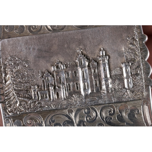 78 - Victorian antique silver castle top card case, the body with relief depictions of Windsor Castle and... 