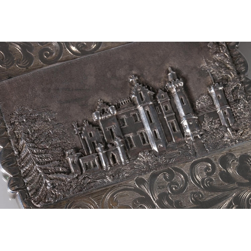 78 - Victorian antique silver castle top card case, the body with relief depictions of Windsor Castle and... 