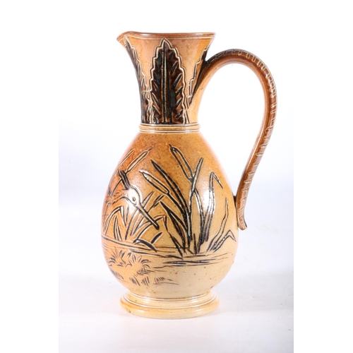 439 - Doulton Lambeth stoneware baluster jug with incised egret and cattail design by Hannah Barlow, impre... 