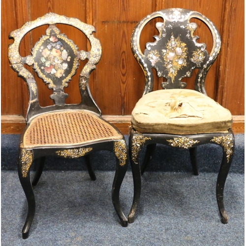 523 - Two Victorian black lacquered, gilt and abalone inlaid occasional or bedroom chairs. (2)