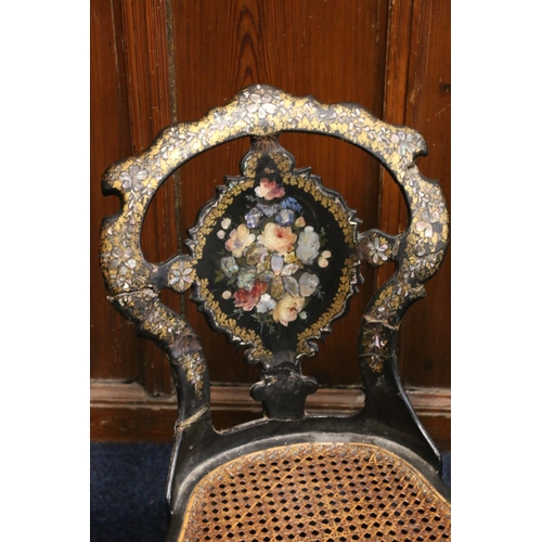 523 - Two Victorian black lacquered, gilt and abalone inlaid occasional or bedroom chairs. (2)