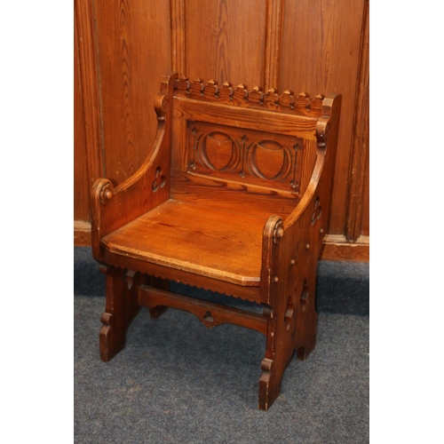 505 - Carved pitched pine church altar chair with ecclesiastical pierced quatrefoil and trefoil design, ca... 