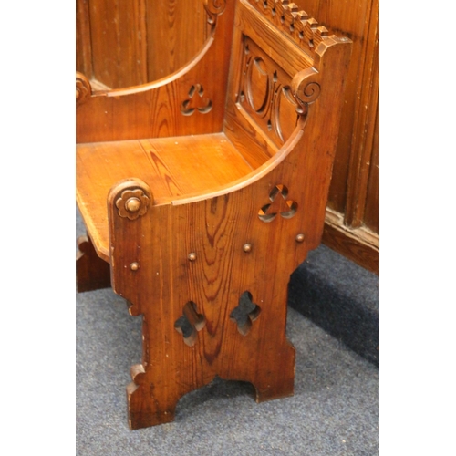 505 - Carved pitched pine church altar chair with ecclesiastical pierced quatrefoil and trefoil design, ca... 