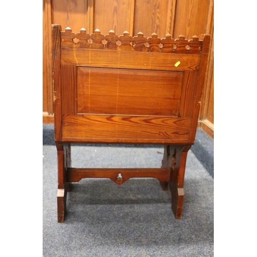 505 - Carved pitched pine church altar chair with ecclesiastical pierced quatrefoil and trefoil design, ca... 