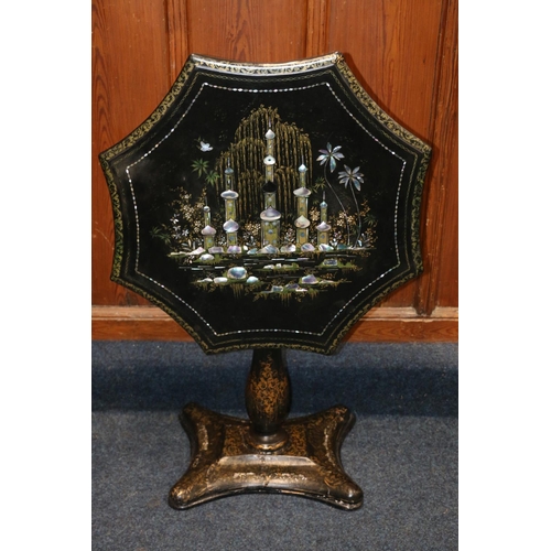 527 - Victorian Jappaned black lacquered tilt top table, the scalloped octagonal top decorated with abalon... 