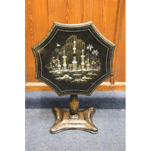 527 - Victorian Jappaned black lacquered tilt top table, the scalloped octagonal top decorated with abalon... 