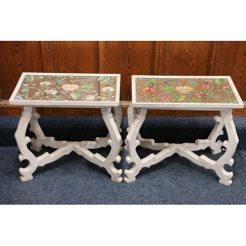 529 - Pair of painted occasional tables with reverse painted glass panel tops with floral designs, 54cm lo... 