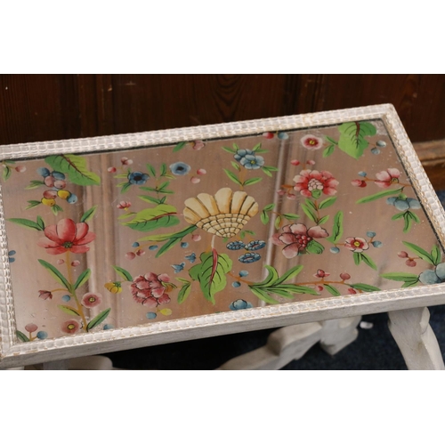 529 - Pair of painted occasional tables with reverse painted glass panel tops with floral designs, 54cm lo... 