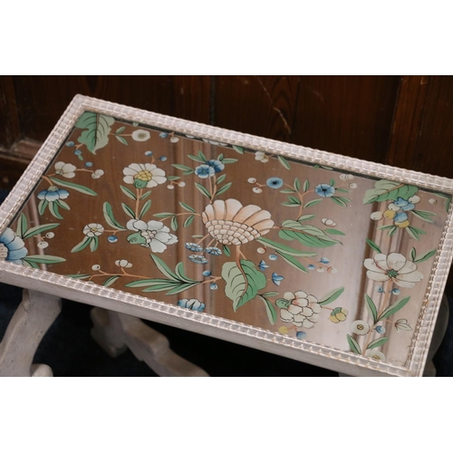 529 - Pair of painted occasional tables with reverse painted glass panel tops with floral designs, 54cm lo... 