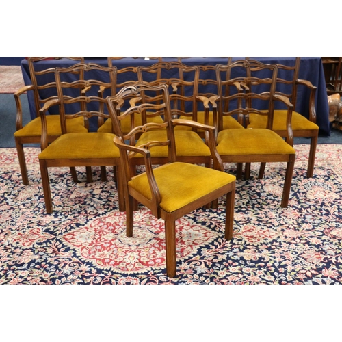 530 - Set of eight mahogany framed ladder ribbon back carver armchairs, raised on shaped straight supports... 