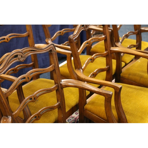 530 - Set of eight mahogany framed ladder ribbon back carver armchairs, raised on shaped straight supports... 