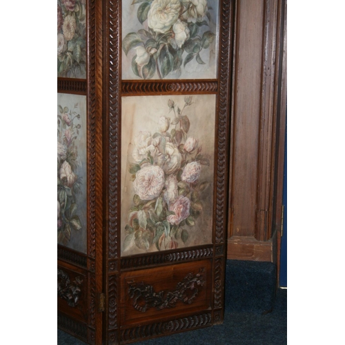 506 - Antique carved walnut four-fold dressing screen, the arch top with carved floral surmounts, each pan... 