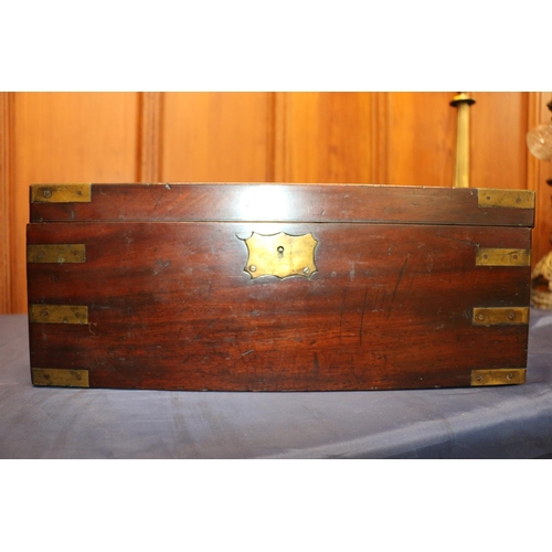 345 - Antique brass bound mahogany writing slope with side drawer and recessed campaign style handles, 45c... 