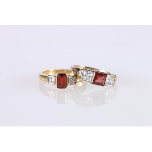 238 - 18ct gold ruby and diamond three stone ring, the central rectangular ruby with chamfered corners fla... 