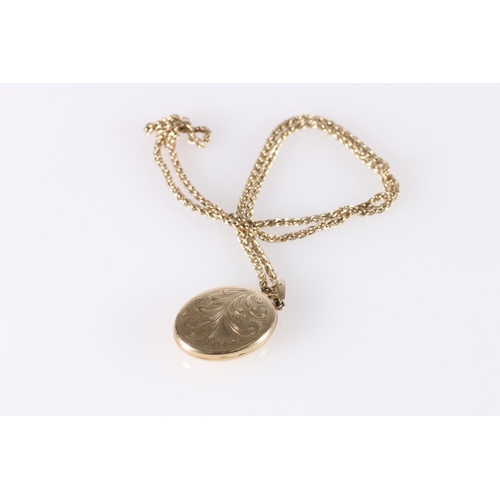 244 - 9ct gold oval pendant locket on 9ct gold neck chain, 16g gross.