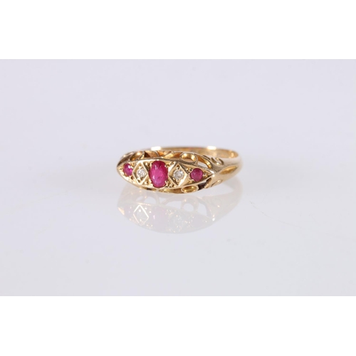 253 - 18ct gold ruby and diamond five-stone ring, the large faceted oval ruby flanked by diamonds and furt... 