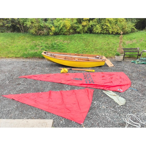 190 - Vintage 16' Mirror type sailing dinghy of leaf form and of marine ply and teak construction. With sa... 