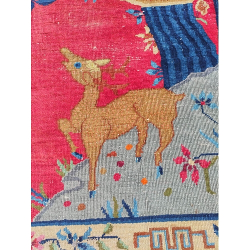 228 - Chinese red ground rug, a deer in the corner below a blossom tree with birds, decorative cream guard... 