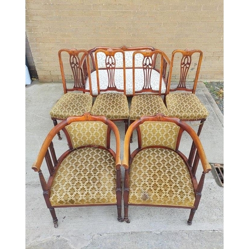 397 - Victorian style six piece inlaid mahogany parlour suite comprising of settee, pair of tub armchairs ... 