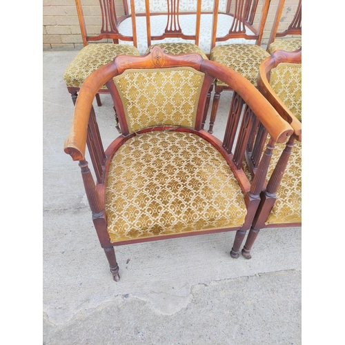 397 - Victorian style six piece inlaid mahogany parlour suite comprising of settee, pair of tub armchairs ... 