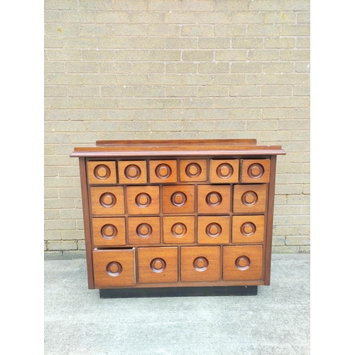 399 - Vintage haberdashery chest of drawers, retailed by Ray Miles of Liverpool, with four sets of five gr... 