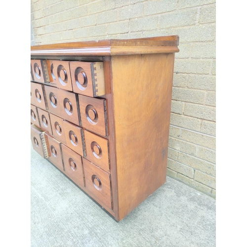 399 - Vintage haberdashery chest of drawers, retailed by Ray Miles of Liverpool, with four sets of five gr... 